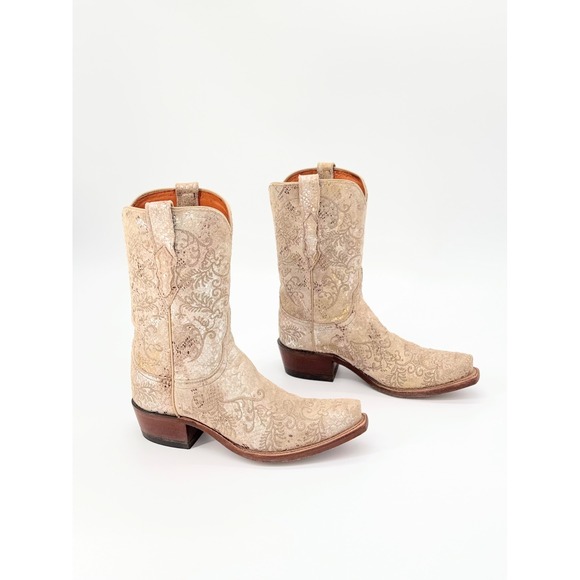 Lucchese Shoes - Lucchese 1883 Stone Suede Metallic Python Cowgirl Boots Snip Toe Womens 7B